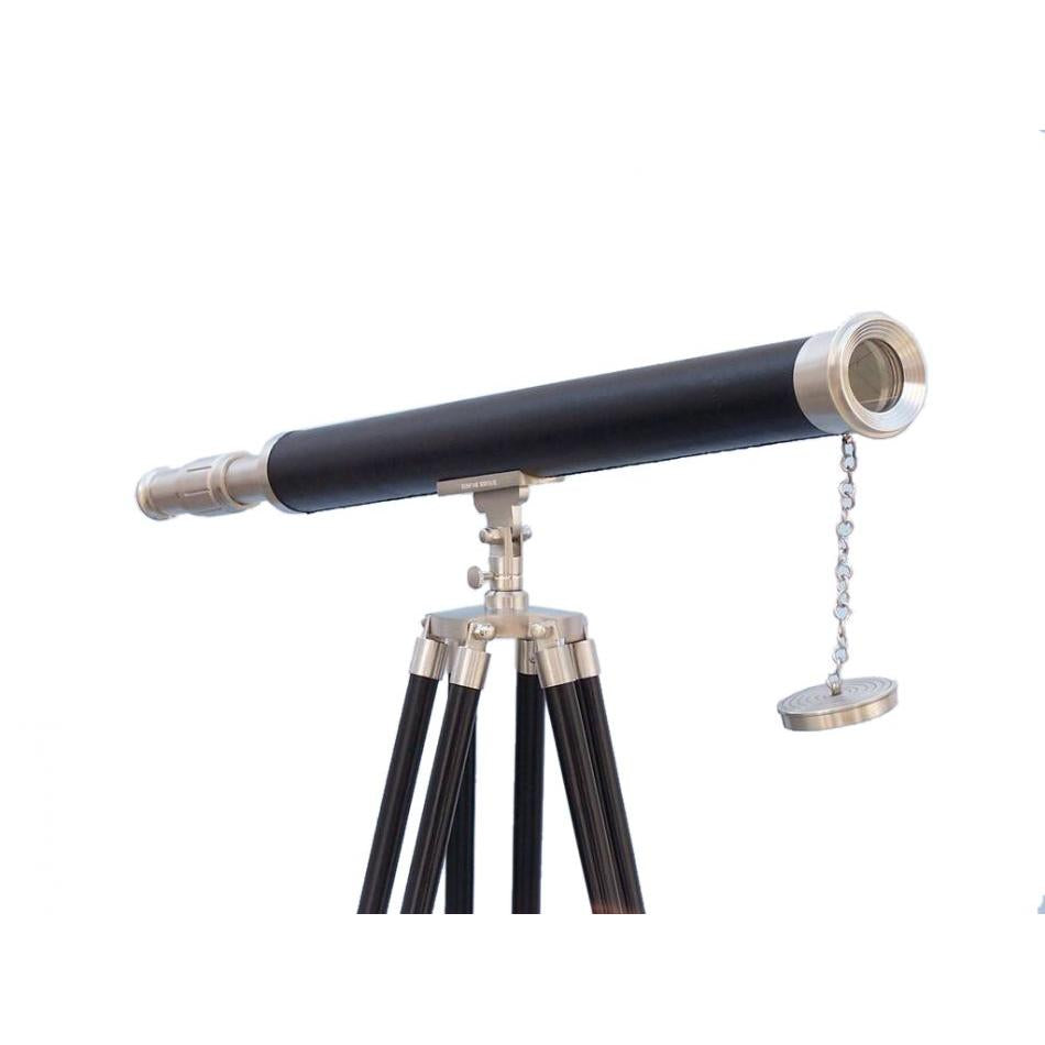 Handcrafted Model Ships - Floor Standing Brushed Nickel With Leather Harbor Master Telescope 60
