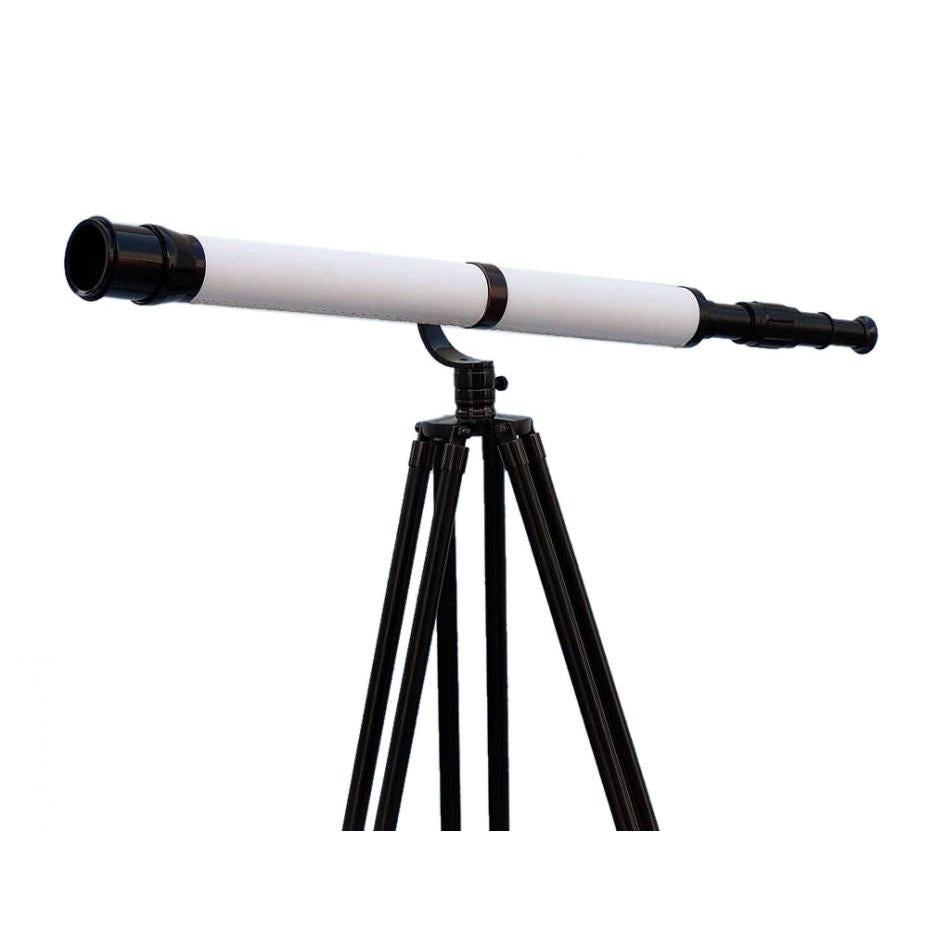 Handcrafted Model Ships - Floor Standing Oil-Rubbed Bronze-White Leather With Black Stand Galileo Telescope 65