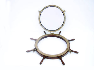 Handcrafted Model Ships Deluxe Class Wood and Antique Brass Ship Wheel Porthole Mirror 36" SW-36-Mirr-AN