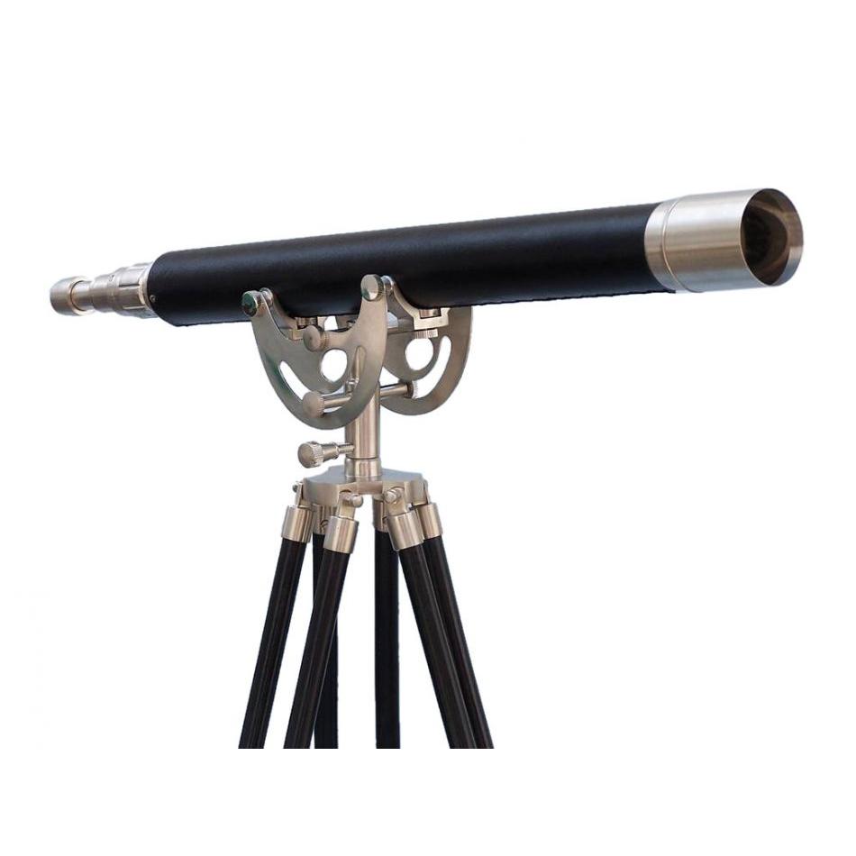 Handcrafted Model Ships - Floor Standing Brushed Nickel With Leather Anchormaster Telescope 50