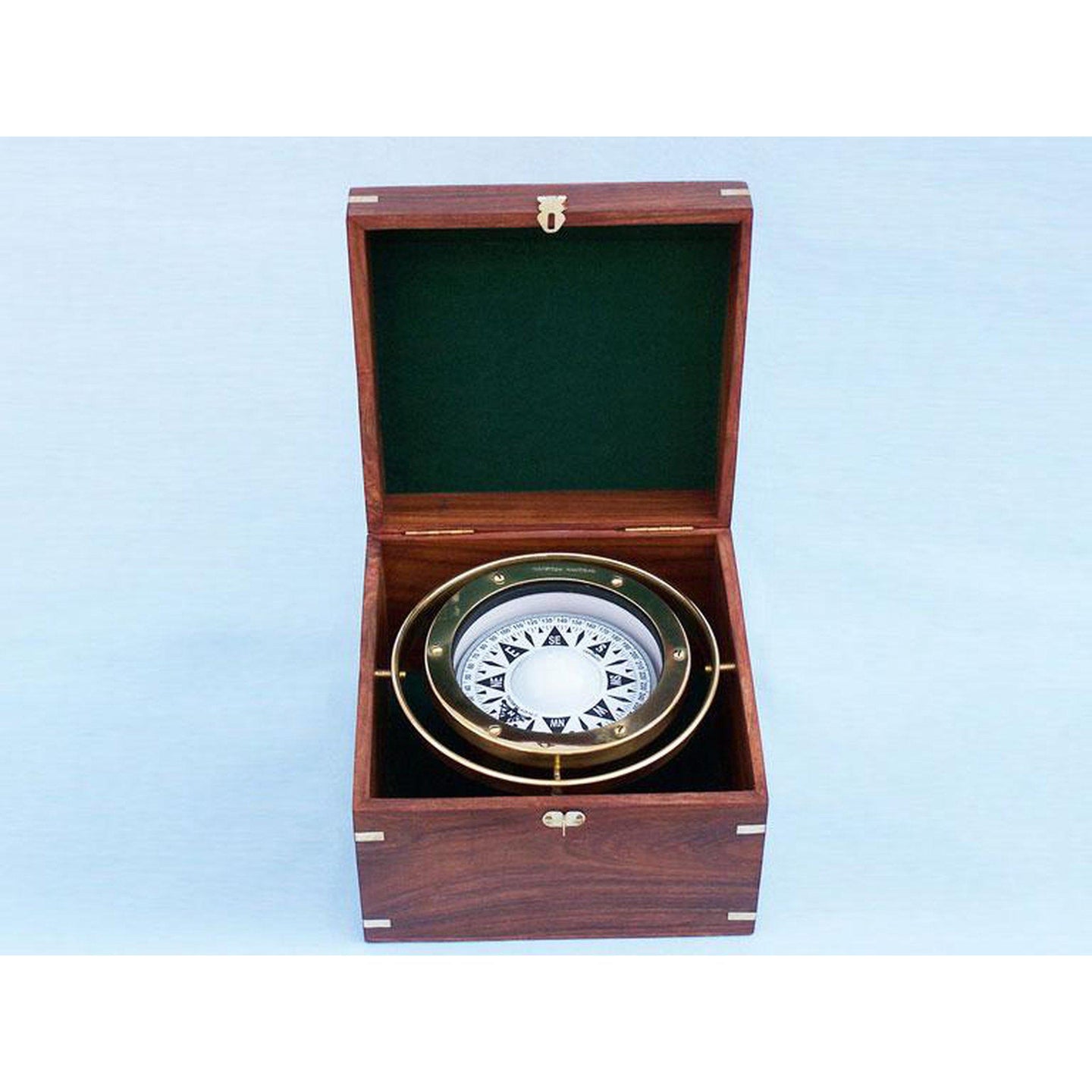 Handcrafted Model Ships Antique Brass Gimbal Compass w/ Rosewood Box 9
