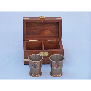Handcrafted Model Ships Antique Brass Anchor Shot Glasses With Rosewood Box 4" - Set of 2 MC-2114-AN