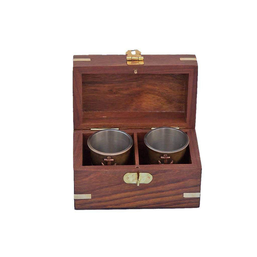 Handcrafted Model Ships Antique Brass Anchor Shot Glasses With Rosewood Box 4