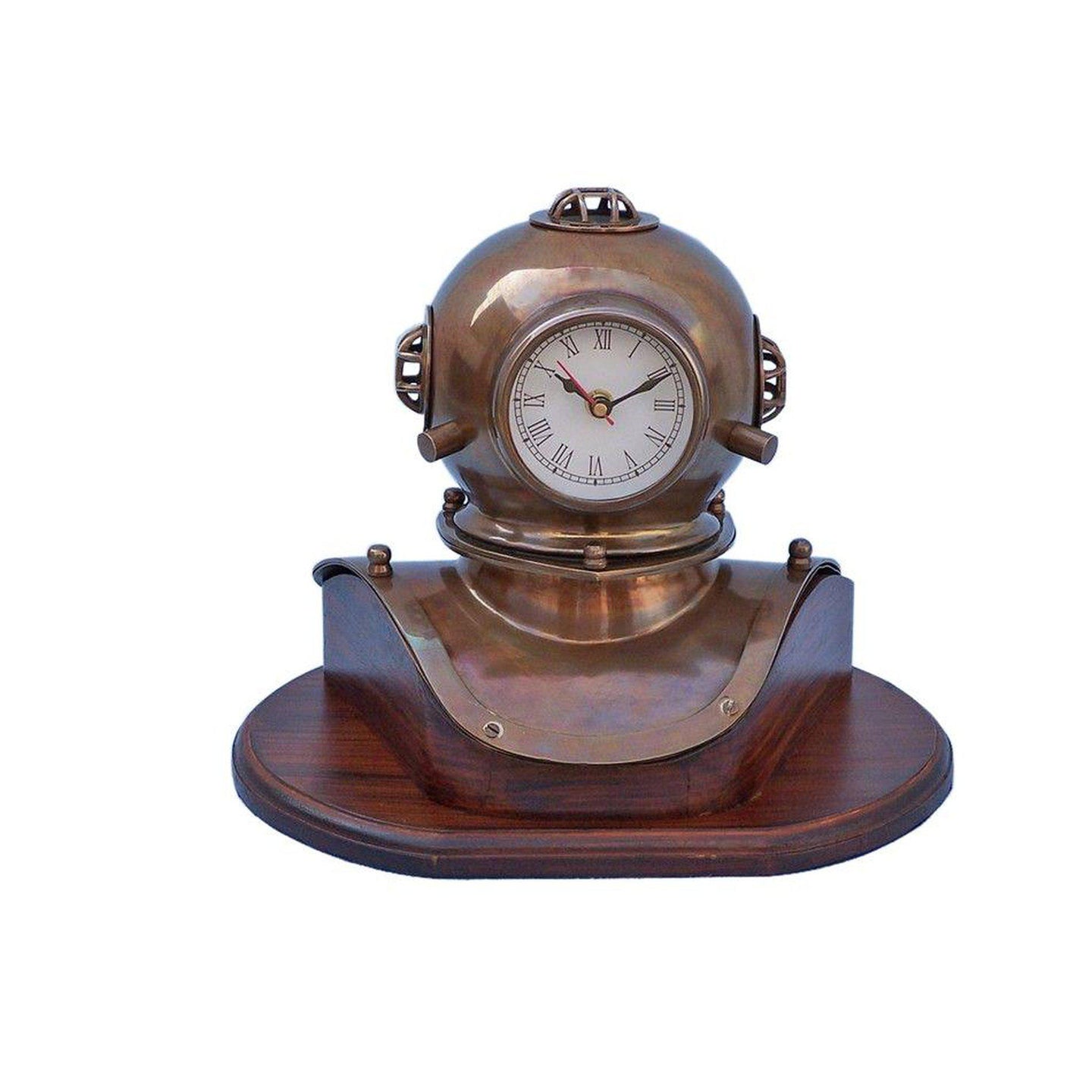 Handcrafted Model Ships Antique Brass Decorative Divers Helmet Clock on Rosewood Base 12
