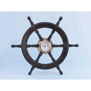 Handcrafted Model Ships Deluxe Class Wood and Chrome Pirate Ship Wheel Clock 24" SW-1721A-Black