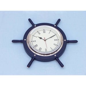 Handcrafted Model Ships Dark Blue Wood And Chrome Ship Wheel Clock 15" SW-1753-CH-Blue