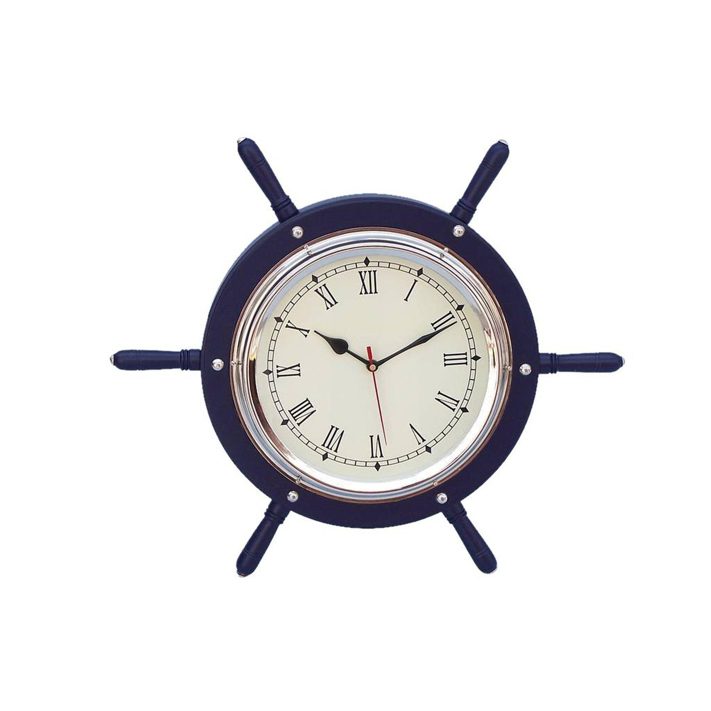 Handcrafted Model Ships Dark Blue Wood And Chrome Ship Wheel Clock 15